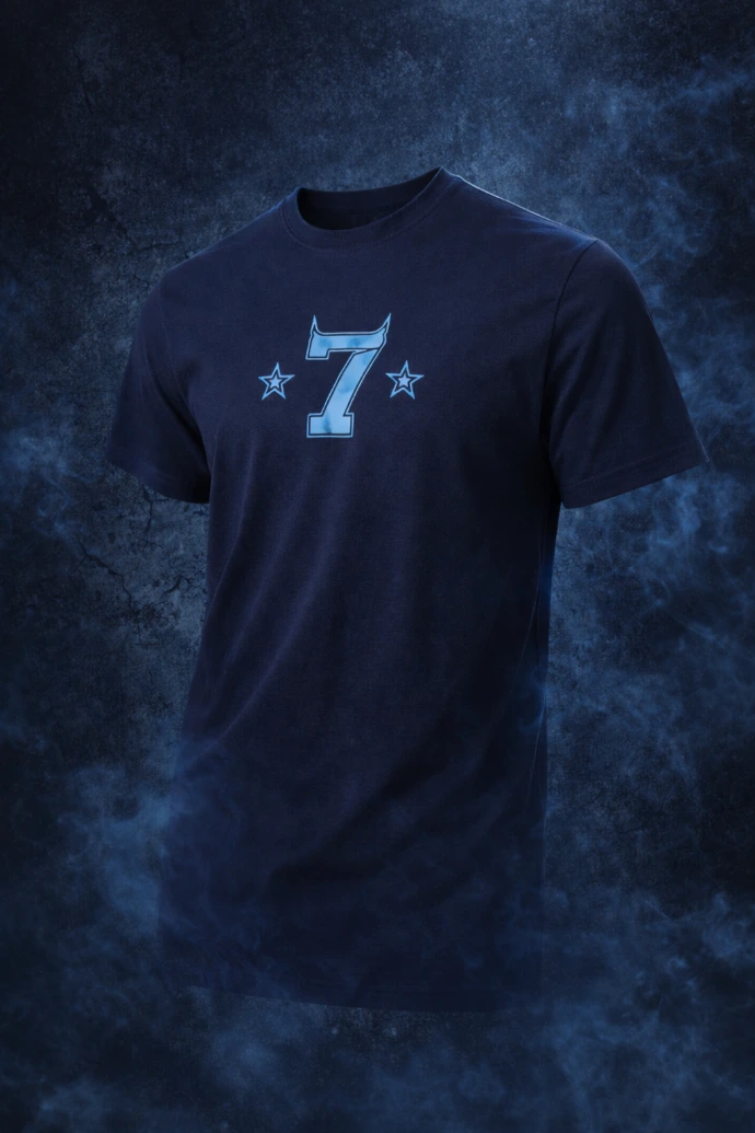 Dunkelblaues Streetwear T-Shirt mit 7-Print und Sternen – EVILSEVEN Blue Edition