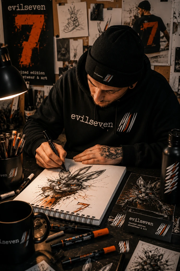 Künstler entwickelt exklusives Evilseven Motiv für limitierte Streetwear und Geschenkideen